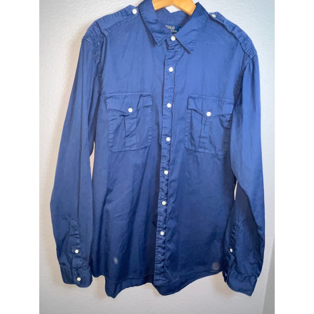 Polo Ralph Lauren Mens XL Blue‎ Classic  Military Epaulette Safari Shirt Cotton